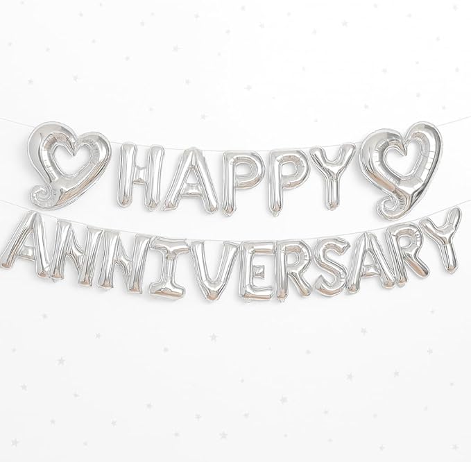 KATCHON Silver Happy Anniversary Balloons Letters - Big, 18 Inch | Silver Happy Anniversary Balloon Banner | Heart Balloons - Image 1